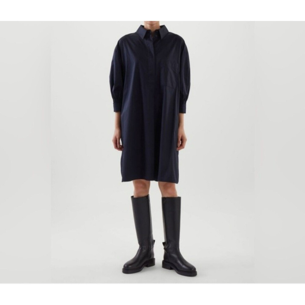COS Women's Navy Blue Smocked Sleeve Shirt Dress Sz 6 quiet luxury lagenlook